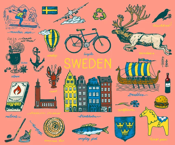 Simboli della Svezia in stile vintage. Schizzo retrò con segni tradizionali. Cultura scandinava, intrattenimento nazionale nel paese europeo. Ecologia e lavorazione, bicicletta e animali, inverno e freddo . — Vettoriale Stock