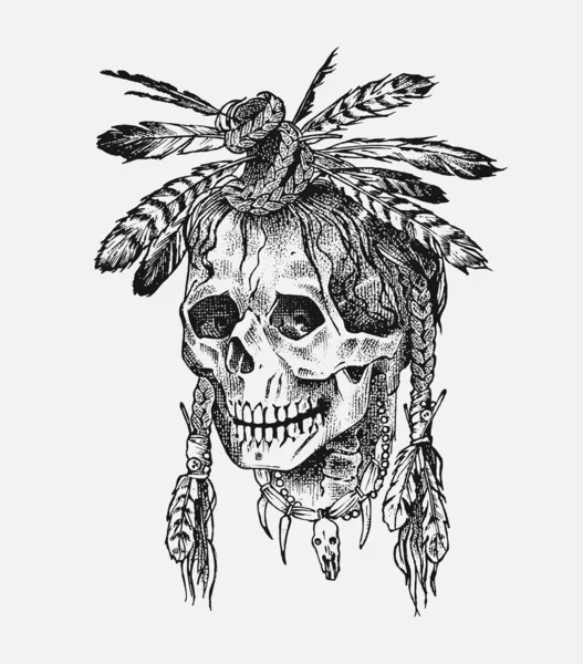 Lidská lebka. Mrtvý indián s peřím ve starém stylu. Retro, skica na tetování. Černobílý ručně kreslený retro odznak na tričko, plakát a logo. — Stockový vektor