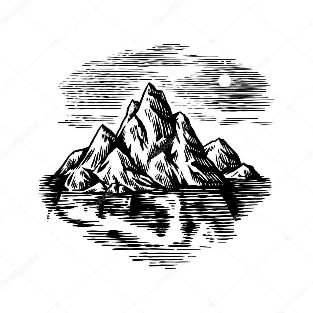 Iceberg in the ocean. A large piece of glacier floating in northern water. Engraved hand drawn vintage sketch for emblem, web logo, banner or t-shirt. Isolated illustration on a white background.