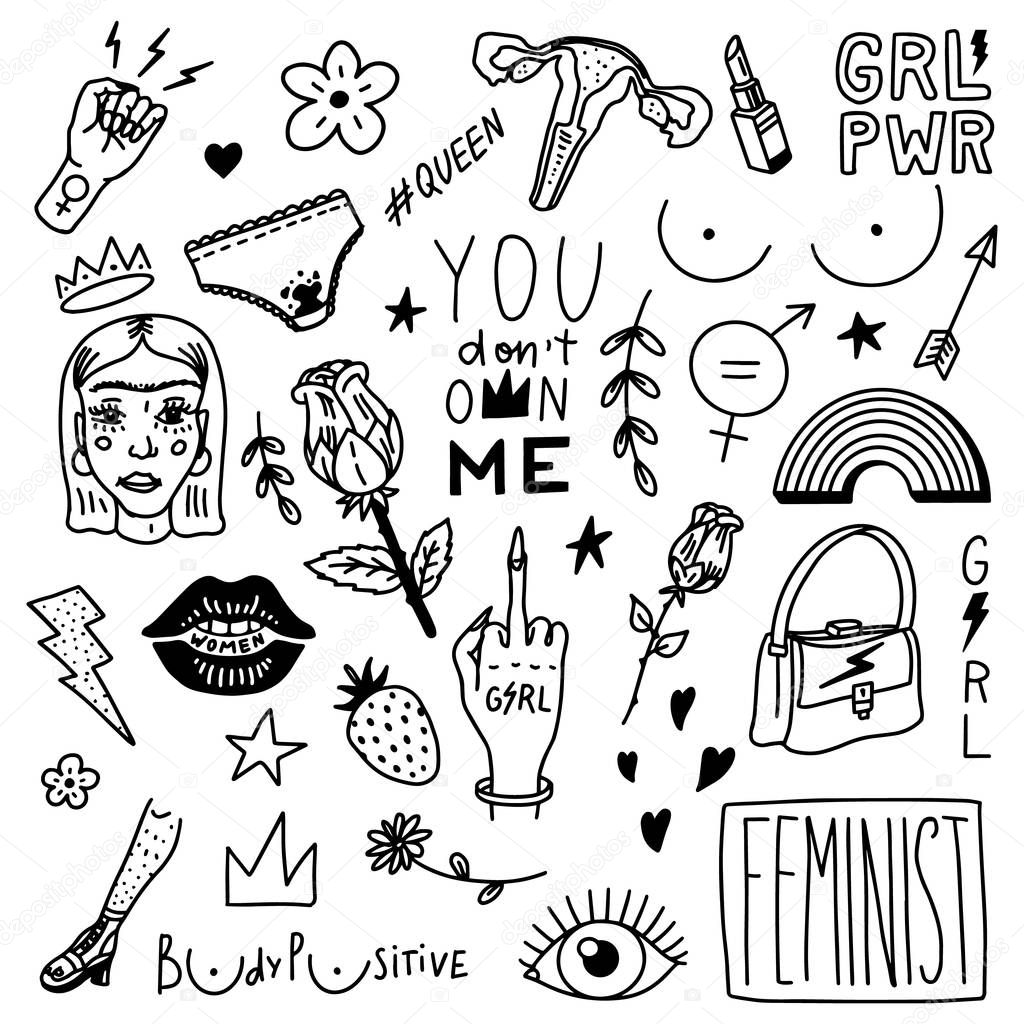 Feminist set in vintage style. Girl power and body positive concept. Stickers for posters and cards. Slogans and gestures, hairy legs, cervix. Collection doodle icons. Hand drawn sketch.