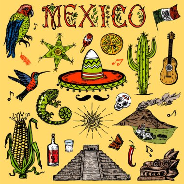 Meksika klasik tarzda ayarlanmış. Geleneksel ulusal kostüm kadınlar, hayvanlar, bitkiler ve müzik aletleri üzerine. Oymalı el çizimi çizimi.