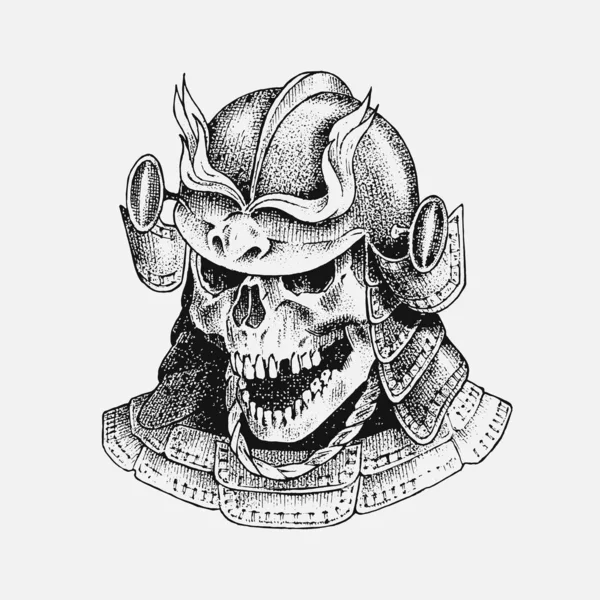 Calavera humana. Caballero muerto con armadura en estilo vintage. Retro sketch de la vieja escuela para el tatuaje. Monocromo Placa de bromista retro grabada a mano para camiseta, póster y logotipo . — Archivo Imágenes Vectoriales