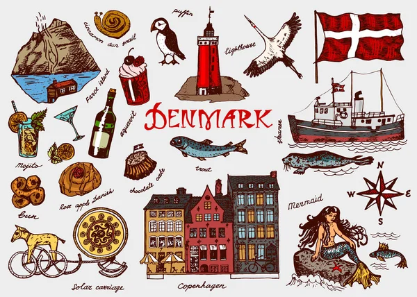 Symbols of Denmark in vintage style. Retro sketch with traditional signs.  Scandinavian culture, national entertainment in European country. Homes,  drinks, mermaid and ship, animals and sea creatures. Stock Vector Image by  ©ArthurBalitskiy #