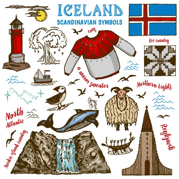 Ensemble de symboles islandais dans un style vintage. Signes nationaux traditionnels sur fond blanc. Culture scandinave. Esquisse de gribouillage dessinée à la main. Pull, montagnes, drapeau, baleine et phare . — Image vectorielle