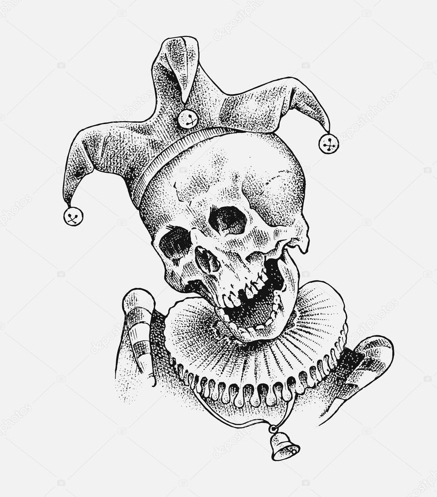 Human skull. Dead jester in vintage style. Retro old school sketch for tattoo. Monochrome Hand drawn engraved retro prankster badge for t-shirt, banner poster and logo.