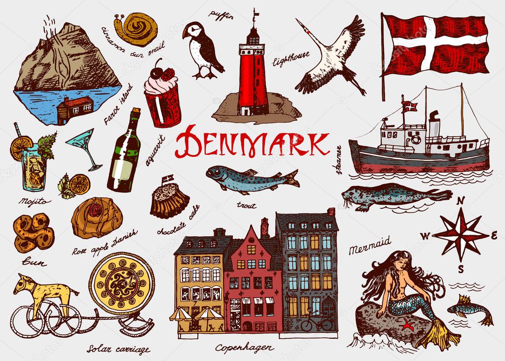 Symbols of Denmark in vintage style. Retro sketch with traditional signs. Scandinavian culture, national entertainment in European country. Homes, drinks, mermaid and ship, animals and sea creatures.