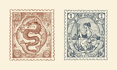 Albüm için klasik posta pulu. Kızıl Japon ejderhası. Eski Sketch 'i geri getir. Tek renkli kartpostal etiketi. Elle çizilmiş retro marka, seyahat etiketi. Yazdırma pankartı ve logosu için dekorasyon elementi.