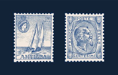 Albüm için klasik posta pulu. Yelkenli deniz pelerini. Sakallı bir adamın yüzü. Eski Sketch 'i geri getir. Tek renkli kartpostal. Elle çizilmiş retro işareti. Yazdırma pankartı için dekorasyon elementi.