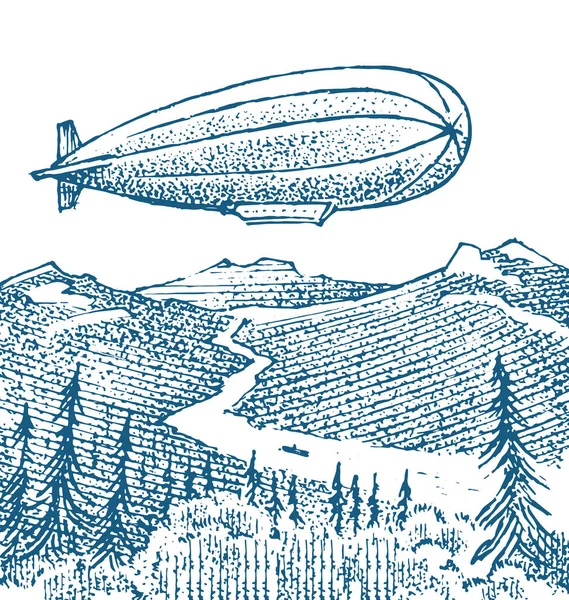 Dirigible or Zeppelin on the background of the meadow in vintage style. Balloon airship sketch. Country landscape for poster, postcard, banner. Hand drawn engraved monochrome vector illustration. — Stock Vector