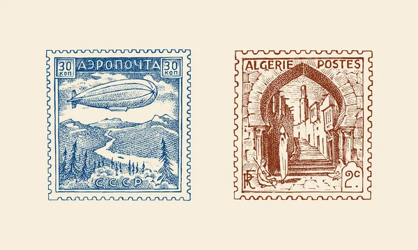 Vintage Postage bélyeg az albumhoz. Ősi tájak. A jó öreg Retro Sketch. Monokróm képeslap matrica. Kézzel rajzolt vésett retro jel, utazási címke. Dekorációs elem nyomtatási bannerhez, poszterhez és logóhoz. — Stock Vector