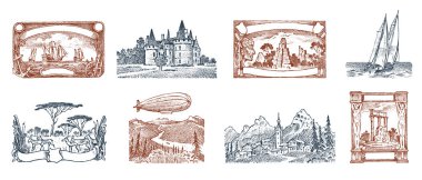 Antika posta pulları. Antik manzaralar, ejderha ve yelkenli gemi. Eski Sketch 'i geri getir. Tek renkli kartpostal. El çizimi retro işareti, baskı afişi, poster ve logo için çerçeve koleksiyonu