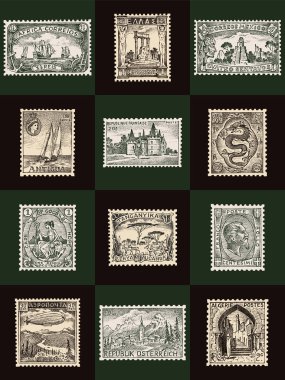 Antika posta pulları. Antik manzaralar, ejderha ve yelkenli gemi. Eski Sketch 'i geri getir. Tek renkli kartpostal. El çizimi retro işareti, baskı afişi, poster ve logo için çerçeve koleksiyonu. 