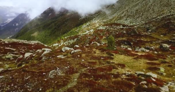 Alpská horská mlhavá cesta. Mlhavá krajina. Zasněžené mlhavé vrcholky v hustém zamračeném Chamonix. Severní francouzské údolí a švýcarská stepi. Panoramatický letecký výhled z dronu. 4k Záběry pro webovou reklamu. — Stock video