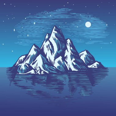 Iceberg in the ocean. A large piece of glacier floating in northern water. Engraved hand drawn vintage sketch for emblem, web logo, t-shirt. Isolated illustration for Poster, banner or cards. clipart