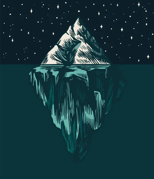 Iceberg dans l'océan. Un grand glacier flottant dans l'eau du nord. Esquisse vintage gravée à la main pour emblème, logo web, t-shirt. Illustration isolée pour Affiche, bannière ou cartes . — Image vectorielle