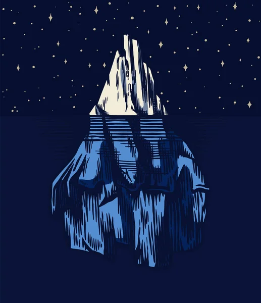 Iceberg no oceano. Um grande pedaço de geleira flutuando na água do norte. Gravado mão desenhada esboço vintage para emblema, logotipo da web, t-shirt. Ilustração isolada para cartaz, banner ou cartões . — Vetor de Stock