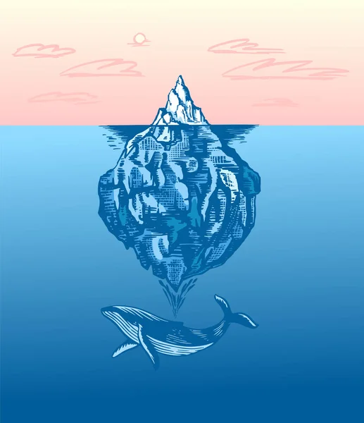 Iceberg et baleine dans l'océan. Un grand glacier flottant dans l'eau du nord. Esquisse vintage gravée à la main pour emblème, logo web, t-shirt. Illustration isolée pour Affiche, bannière ou cartes — Image vectorielle