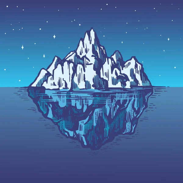 Iceberg en el océano. Un gran trozo de glaciar flotando en el agua del norte. Dibujo vintage grabado a mano para emblema, logotipo web, camiseta. Ilustración aislada para póster, banner o tarjetas . — Archivo Imágenes Vectoriales