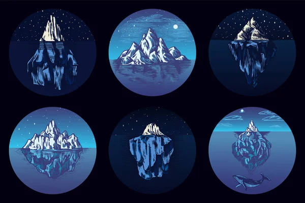 Iceberg dans l'océan. Jeu d'autocollants. Un grand morceau d'un glacier de montagne flottant dans l'eau du nord. Esquisse vintage gravée à la main pour emblème, logo web, bannière ou t-shirt. Illustration isolée — Image vectorielle