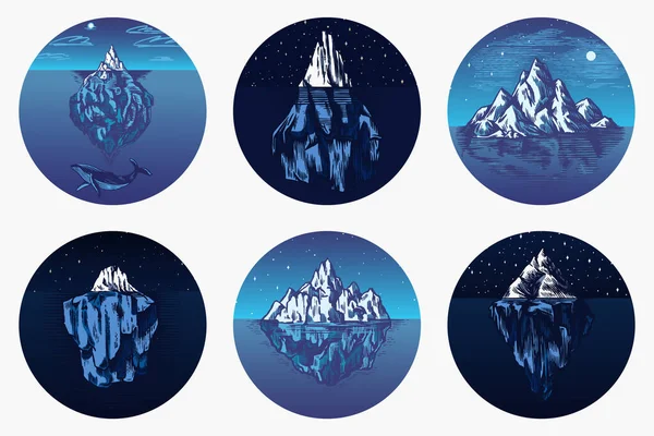 Iceberg en el océano. Un gran pedazo de un glaciar de montaña flotando en el agua del norte. Boceto vintage grabado a mano para emblema, logotipo web, pancarta o camiseta. Ilustración aislada . — Archivo Imágenes Vectoriales