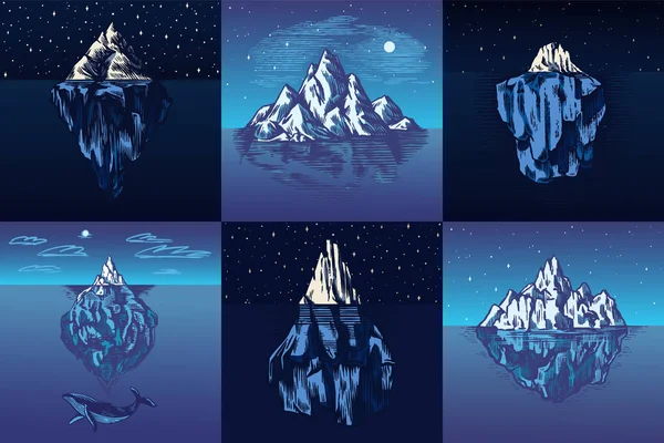 Iceberg en el océano. Un gran pedazo de un glaciar de montaña flotando en el agua del norte. Boceto vintage grabado a mano para emblema, logotipo web, pancarta o camiseta. Ilustración aislada . — Archivo Imágenes Vectoriales