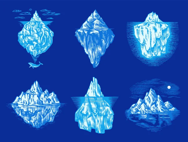 Iceberg dans l'océan Set. Un grand morceau d'un glacier de montagne flottant dans l'eau du nord. Esquisse vintage gravée à la main pour emblème, logo web, bannière ou t-shirt. Illustration isolée . — Image vectorielle