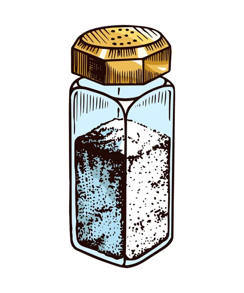 Egy üveg tengeri só. Porított por és egy csomó mag. Vintage háttér poszter. Vésett kézzel rajzolt vázlat. — Stock Vector