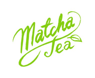 Japon seremonisi için Matcha yeşil çayı kaligrafik harflerle. Sağlıklı hindistan cevizi sütlü latte. Poster için oyulmuş el çizimi Vintage çizimi.