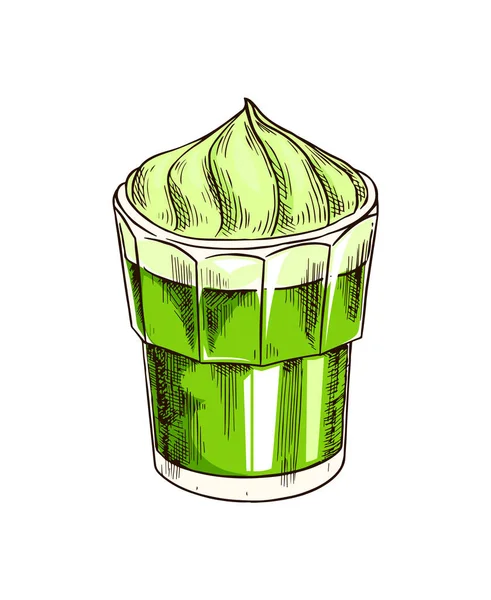 Matcha groene thee. Biologische latte thee in een glas voor Japanse ceremonie. Gezonde kokosmelk latte. Gegraveerd met de hand getekend Vintage schets voor poster. — Stockvector