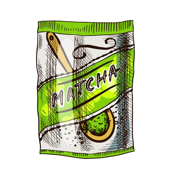 Matcha zöld tea csomagolás. Organikus japán szertartás. Egészséges kókusztejes tejeskávé. Gravírozott kézzel rajzolt Vintage vázlat poszterhez. — Stock Vector