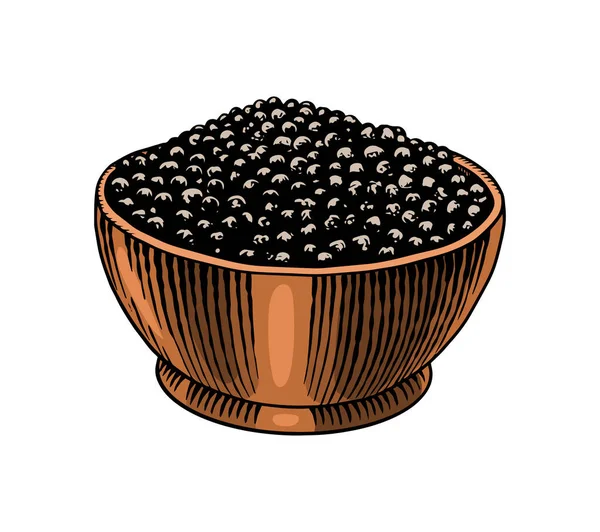 Cuenco de pimienta negra en estilo Vintage. Mortero y mortero. Semillas secas, un montón de especias. Allspice o pimienta de maíz. Sazonador de hierbas. Dibujo vectorial grabado a mano para fondo — Vector de stock