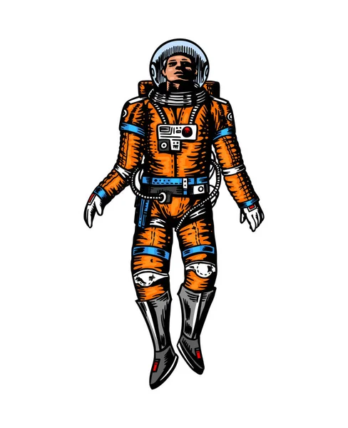 Un Uomo Spaziale che vola nello spazio. Astronauta nel sistema solare. Disegnato a mano inciso Vecchio schizzo in stile vintage . — Vettoriale Stock
