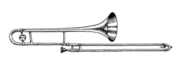 Musikal vind jazz instrument trombon. Vektor illustration klassisk trumpet i klotter kontur stil. Handritad monokrom graverad skiss för logo, emblem eller affisch. — Stock vektor