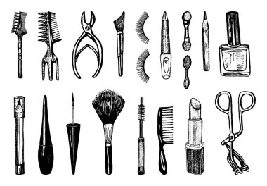 Makeup Tools Set. Doodle A collection of female elements for eyebrows, eyes and face and beauty salon. Hand drawn vintage engraved cosmetology and cosmetics sketch outline. 
