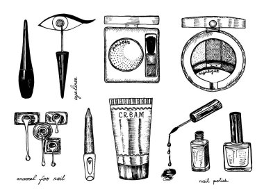 Makeup Tools Set. Doodle A collection of female tools and elements for a beauty salon. Hand drawn vintage engraved sketch outline. Blush and maquillage, toiletry and cosmetology, cosmetics.