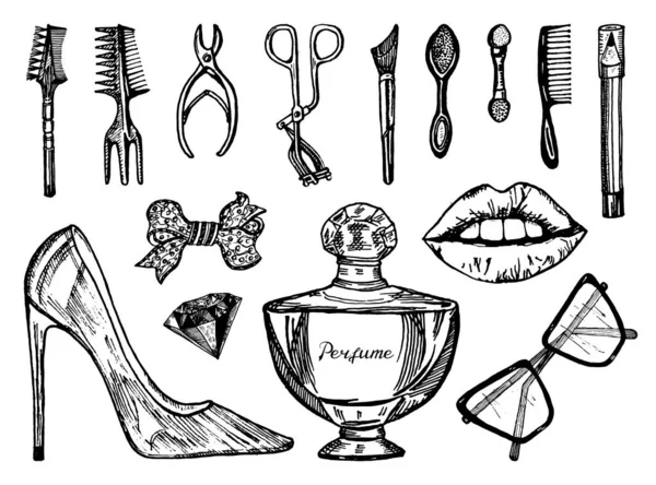 Σετ εργαλείων μακιγιάζ. Doodle Μια συλλογή από γυναικεία εργαλεία και στοιχεία για ένα σαλόνι ομορφιάς. Χειροποίητο παλιό σκαλιστό σκίτσο. Οφθαλμοί, Χείλη, ρουζ και maquillage, toiletry και κοσμετολογία, καλλυντικά. — Διανυσματικό Αρχείο