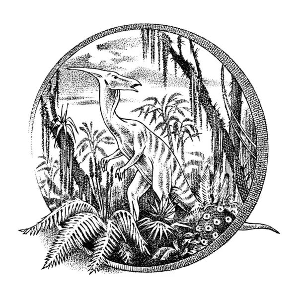 Paisaje vintage con un dinosaurio en la selva tropical. Plantilla retro antigua para logotipo o etiqueta. Dibujo monocromático grabado a mano. Ilustración vectorial — Vector de stock