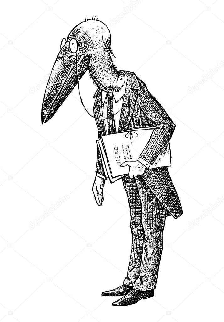 Bird man with a marabou head. Lawyer in a classic office suit with documents. Hand drawn fashionable stork. Engraved old monochrome sketch.