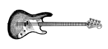 Electro bass guitar in monochrome engraved vintage style. Hand drawn sketch for Rock festival or blues and ragtime poster or t-shirt. Musical jazz classical stringed instrument.  clipart