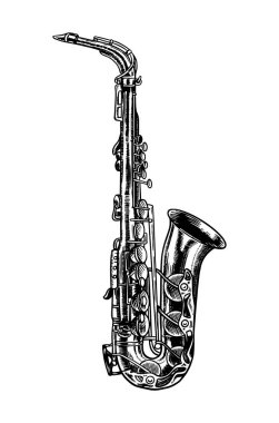 Monokrom oymalı klasik tarzında caz saksafonu. Blues ve Paçavra Festivali posteri için el yapımı trompet eskizi. Klasik müzik enstrümanı. 