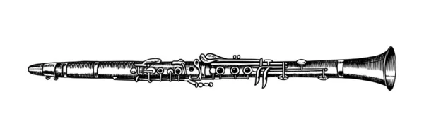Caz flütü. Vektör illüstrasyon klasik rüzgar trompeti. Karalama çizgisi tarzında bir müzik aleti. Antika logo, retro amblem ya da poster için elle çizilmiş monokrom oymalı eskiz. — Stok Vektör