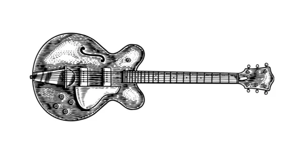 Полуакустическая джазовая бас-гитара в монохромном винтажном стиле. Ручной рисунок для рок-фестиваля или блюза, плаката регтайма или футболки. Классический струнный электро-инструмент . — стоковый вектор