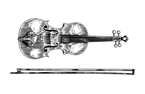 Jazz violino e arco em estilo vintage gravado monocromático. Esboço de violino desenhado à mão para blues e cartaz de festival de ragtime. Instrumento de cordas clássico musical . — Vetor de Stock