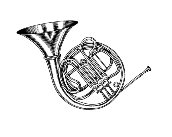 Monokrom işlemeli Fransız kornosu. Eski tarz. Blues ve Paçavra Festivali posteri için el yapımı trompet eskizi. Klasik müzik enstrümanı. — Stok Vektör