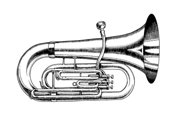 Jazz tuba em estilo vintage gravado monocromático. Esboço de trompete desenhado à mão para blues e cartaz do festival ragtime. Instrumento de sopro clássico musical . —  Vetores de Stock