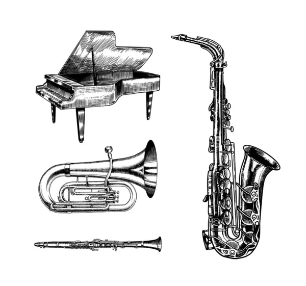 Instrumentos de viento clásicos de jazz. Musical Saxophone Tuba and Grand Piano. Dibujado a mano monocromo grabado vintage boceto . — Vector de stock