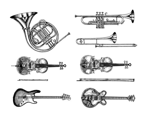Классический джазовый духовой оркестр и струнные инструменты. Музыкальная гитара Trombone Trumpet Flute Bass Semi-acoustic French horn Cello Tuba Violin. Ручной монохромный гравированный винтажный эскиз
.