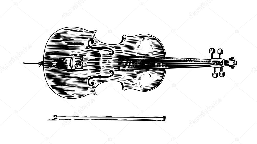 Jazz cello and bow in monochrome engraved vintage style. Hand drawn violoncello sketch for blues and ragtime festival poster. Musical classical stringed instrument