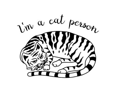 Evcil kedi. Ben kedileri severim. Miyav gücü. Sevimli hayvan. Logo, etiket, afiş ya da tişört için elle çizilmiş bir eskiz. Taslak klasik karalama tarzında tek renkli Vektör illüstrasyonu.