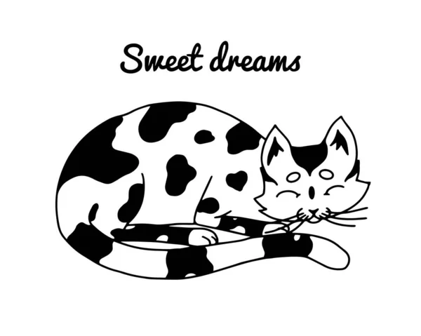 Śpiący kot. Słodkich snów. Urocze zwierzątko. Ręcznie rysowany szkic do logo lub etykiety, banera lub koszulki. Ilustracja wektora w zarysie vintage stylu doodle. — Wektor stockowy